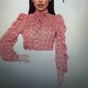 Red and white Puff Sleeve Blouse